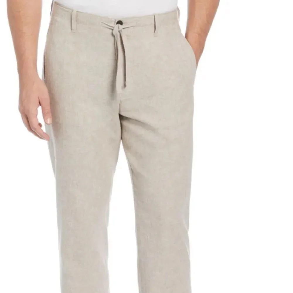 🔥Perry Ellis Light Tan Chinos Sz 34X32 New LINEN BLEND DRAWSTRING PANT
